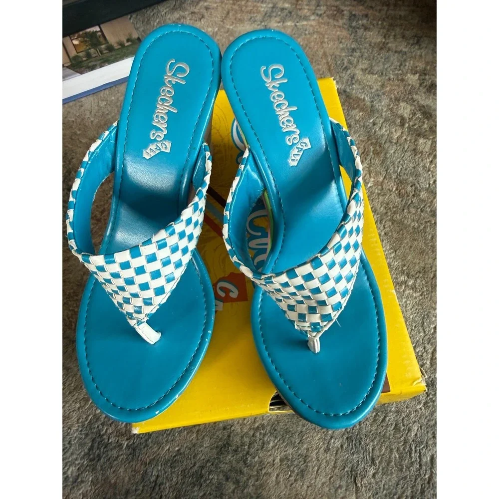 Vintage Skechers Cali Y2K Platform Wedge Sandals Blue White Woven Checkerboard‎
